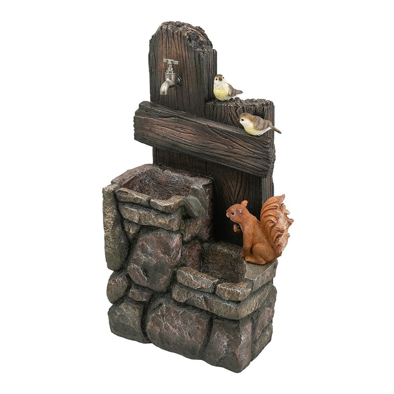 Decorative Two Tiered Water Fountain With Woodland Animal Design, Outdoor Fountain With Light And Pump – Multi
