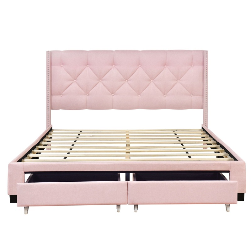 Queen Size Storage Bed Linen Upholstered Platform Bed & Two Drawers – Pink
