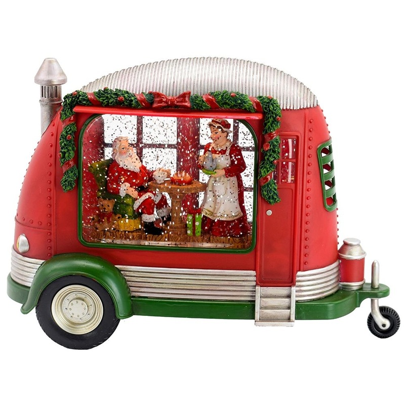Christmas Plastic / Resin Camper With Mr & Mrs Santa Tea Time LED / Water Spinning / 2 Way Switch, 3*AA Required – Red