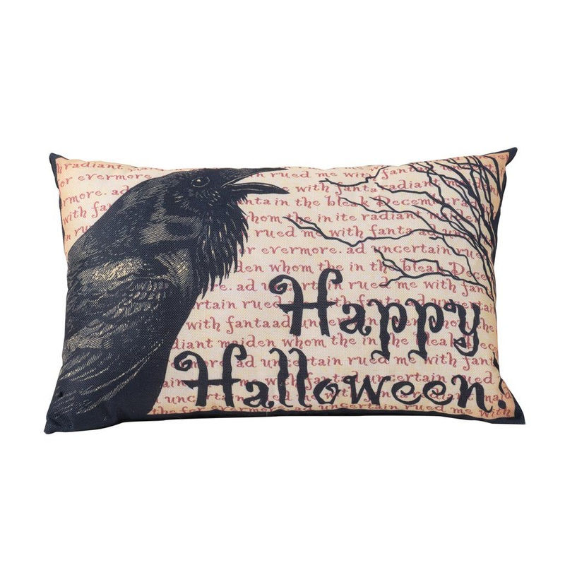 Crow Happy Halloween Pillow – Beige / Black
