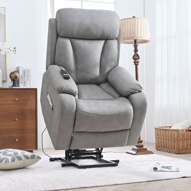 Electric Power Lift Recliner Chair, Fabric Recliner Chair, Home Theater Seating, Living Room Chair, Side Pocket, Remote Control – Light Gray