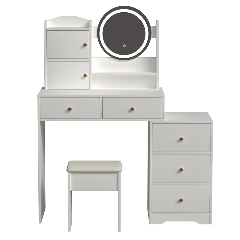 Fashion Vanity Desk With Mirror And Lights For Makeup And Cushioned Chair, Adjustable 3 Color Lighting – White