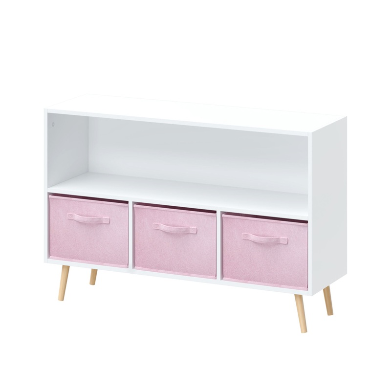 Kids Bookcase With Collapsible Fabric Drawers, Children’s Book Display, Toy Storage Cabinet Organizer – White / Pink