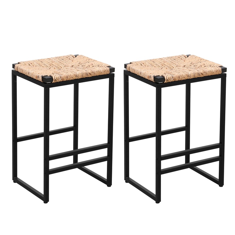 (Set of 2) Backless Water Hyacinth Woven Bar Stools With Footrest, Natural Finish, Metal Frame, 25 Height