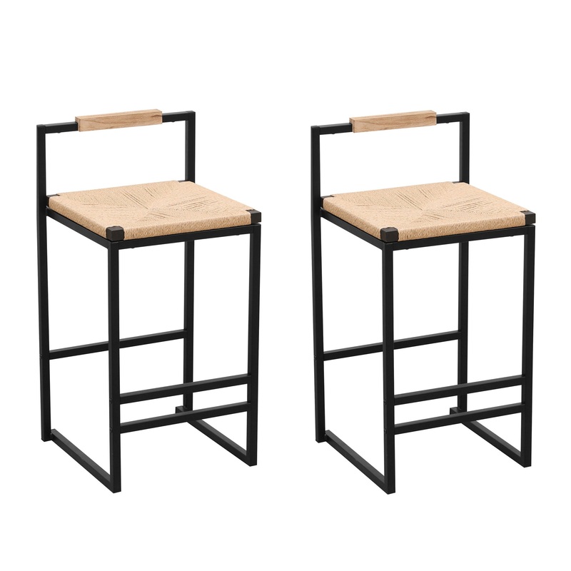 Stylish (Set of 2) Bar Stools With Backrest And Paper Rope Woven Seat, Counter Height Dining Chairs For Kitchen – Natural