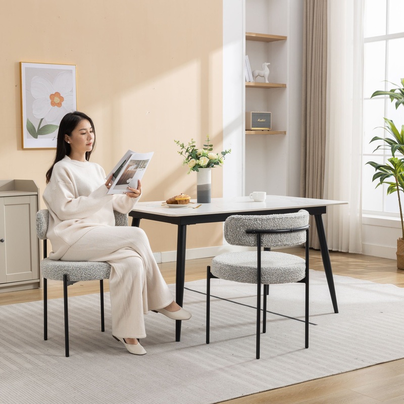 Burbank – Modern Round Boucle Dining Chairs (Set of 2) – Black / White