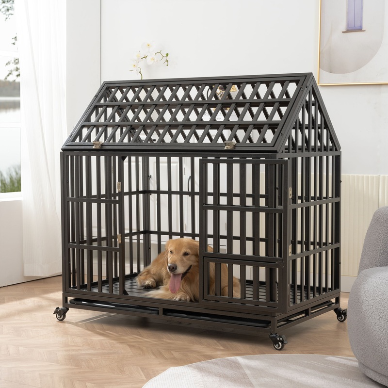 Heavy Duty Dog Cage Pet Crate With Roof & Window On Roof – Black