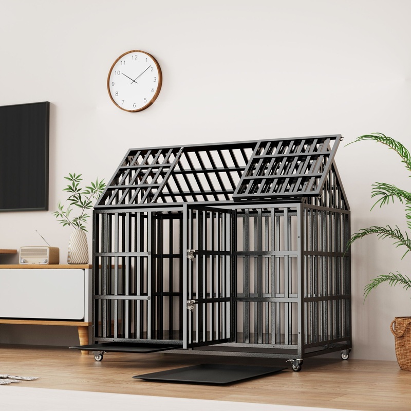 Heavy Duty Dog Crate Large Dog Cage Strong Metal Dog Kennels And Crates For Large Dogs With 4 Lockable Wheels – Black