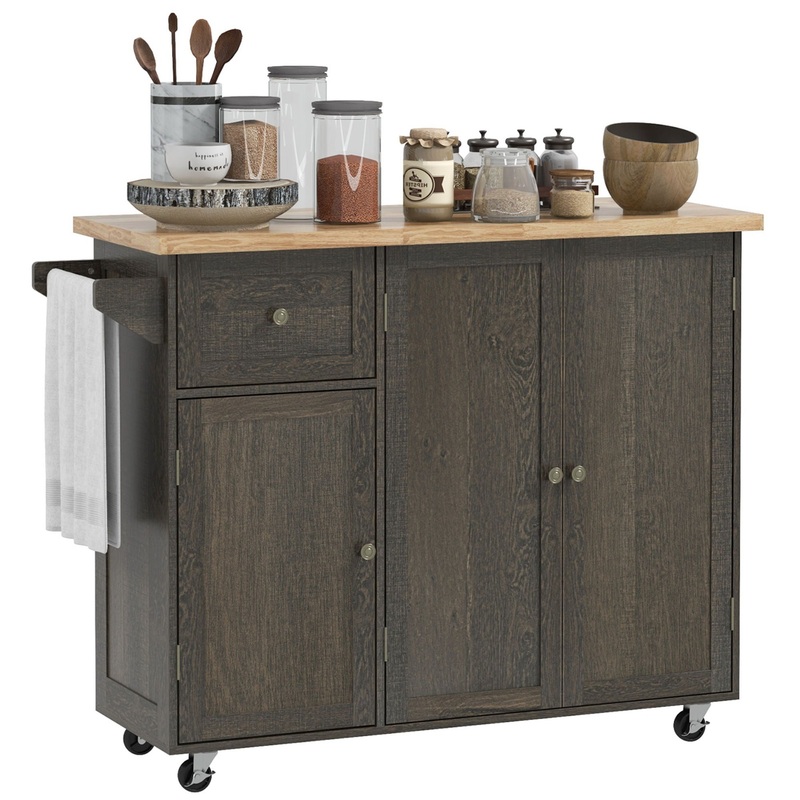 Homcom – Triple-Cabinet Rolling Kitchen Island On Wheels, Kitchen Cart With Storage Shelf Adjustment, Rolling Utility Cart With Wood Top, Towel Rack, Big Drawer – Distressed Brown