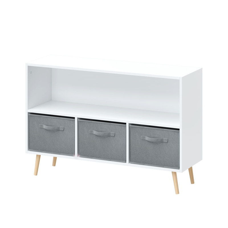 Kids Bookcase With Collapsible Fabric Drawers, Children’s Book Display, Toy Storage Cabinet Organizer – White / Gray