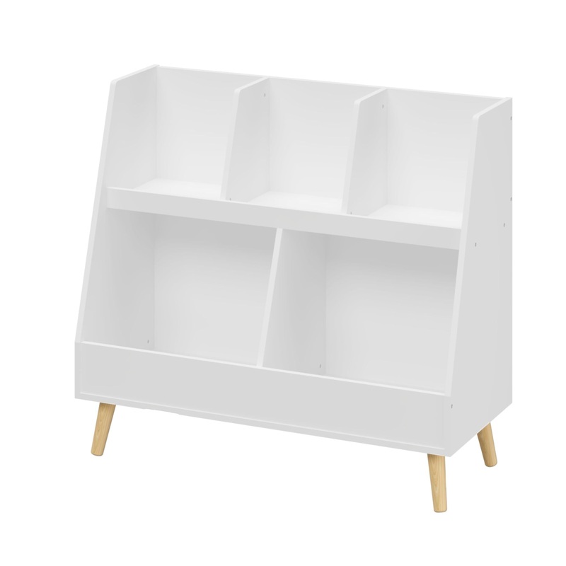 Kids Bookshelf And Toy Organizer, 5 Cubbies Wooden Open Bookcase, 2-Tier Baby Storage Display Organizer With Legs, Free Standing For Playing Room, Bedroom, Nursery, Classroom – White