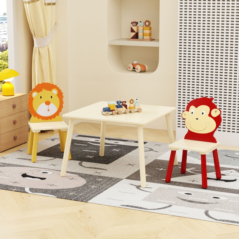 Kids Table And 2 Chairs Set, 3 Pieces Toddler Table And Chair Set, Wooden Activity Play Table Set (Lion&Monkey) – Natural