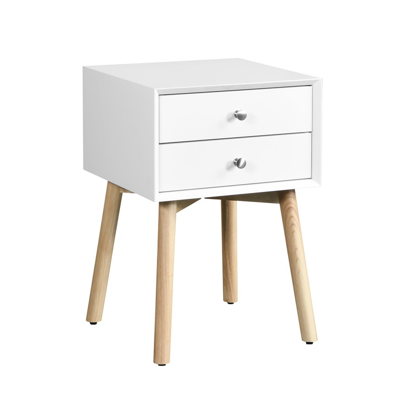 Modern Side Table With 2 Drawer, Mid-Century Storage Cabinet For Bedroom – White