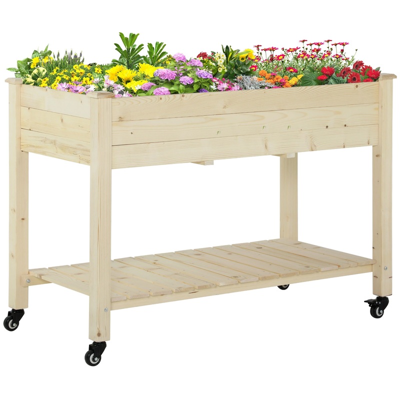 Outsunny – Raised Garden Bed, 47 x 22 x 33, Elevated Wooden Planter Box With Lockable Wheels, Storage Shelf, And Bed Liner For Backyard, Patio – Natural