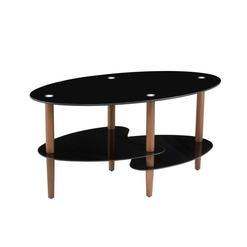 Oval Glass Coffee Table, Modern Table In Living Room Oak Wood Leg Tea Table 3-Layer Tempered Glass Table – Brown / Black