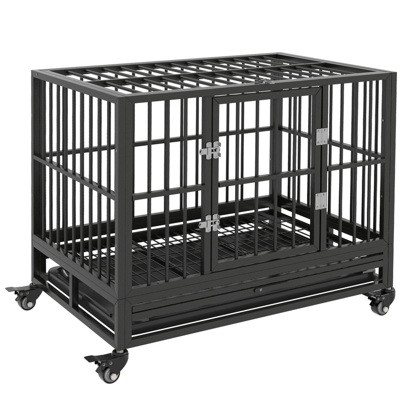Pawhut – 36 Heavy Duty Dog Crate Metal Cage Kennel With Lockable Wheels, Double Door And Removable Tray – Gray