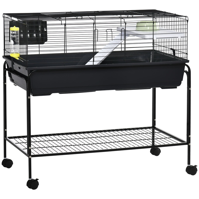 Pawhut – Two-Story Small Animal Cage Removable From Stand, Guinea Pig Cage, Hedgehog Cage, Chinchilla Cage, Ferret, With Shelf & Wheels, Pet Habitat – Black