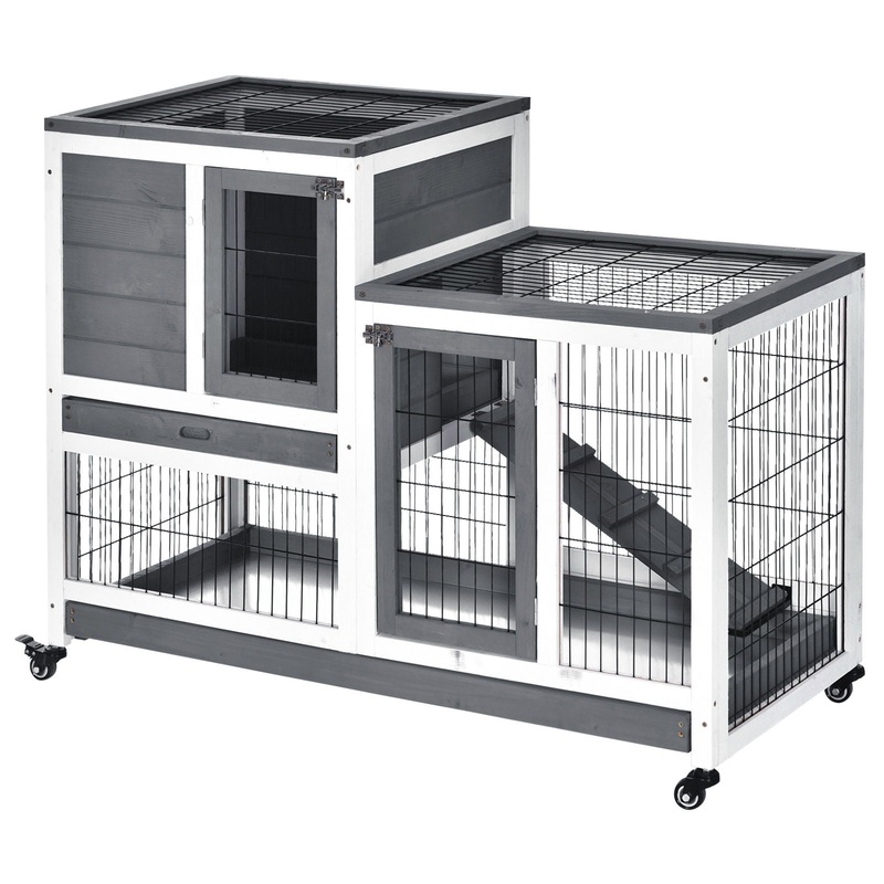 Pawhut – Wooden Rabbit Hutch Elevated Bunny Cage Indoor Small Animal Habitat With Enclosed Run With Wheels, Ramp, Removable Tray Ideal For Guinea Pigs – Gray