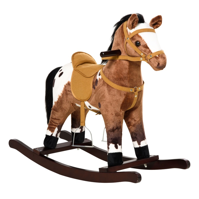Qaba – Kids Metal Plush Ride-On Rocking Horse Chair Toy With Realistic Sounds – Dark Brown / White
