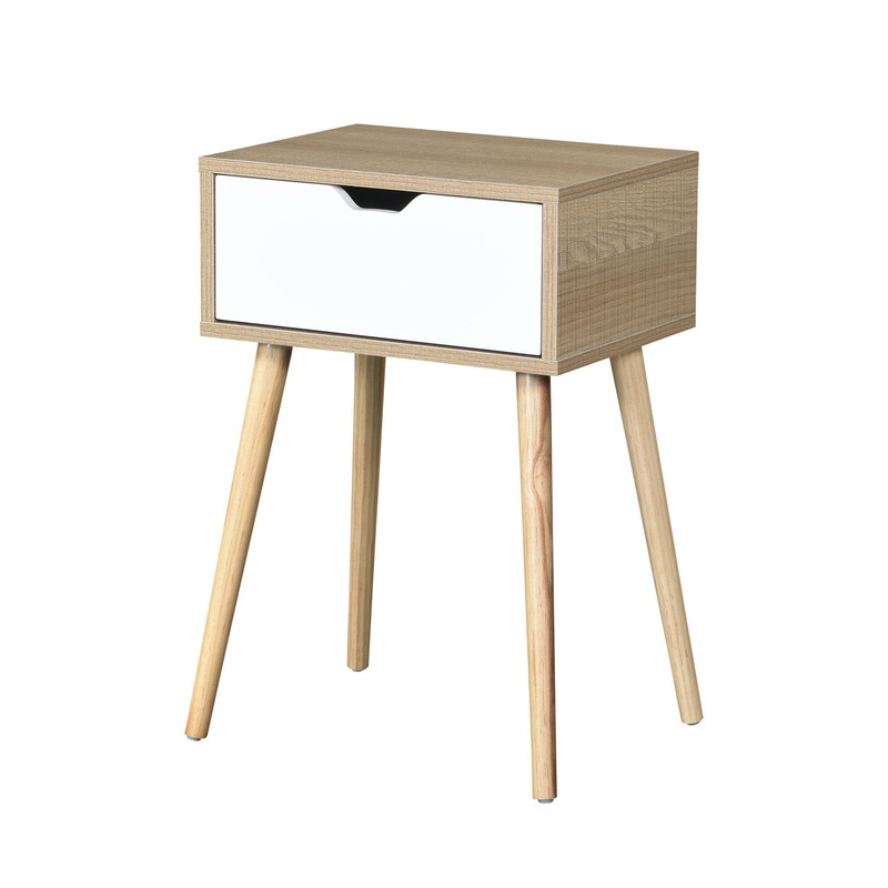 Side Table With 1 Drawer, Mid-Century Modern Storage Cabinet For Bedroom – White / Wood
