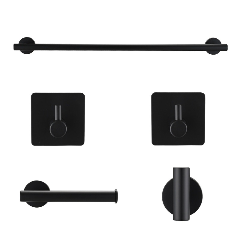 Bathroom Hardware Set Stainless Steel With Towel Bar, Paper Holder, And Hooks – Matte Black