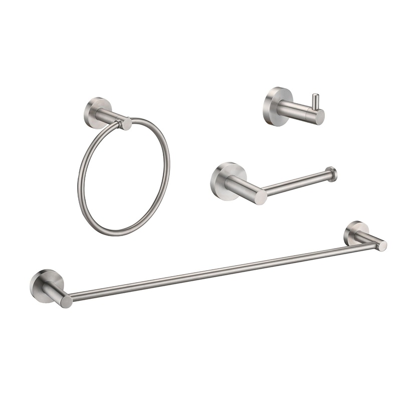 Bathroom Set 4 Pack With Towel Bar Racks, Toilet Paper Holder, Ring, Hook, Stainless Steel – Brushed Nickel