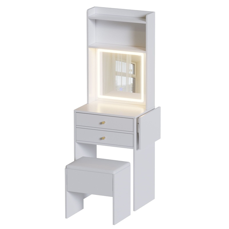 Contemporary Small Space Vanity Table Set With Adjustable Lighted Mirror And Storage Chair – White