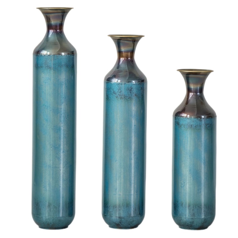 Modern Droplet Shaped Floor Vase Set, Glazed Metal Decorative Vases 3 Piece Home Decor – Aqua Blue