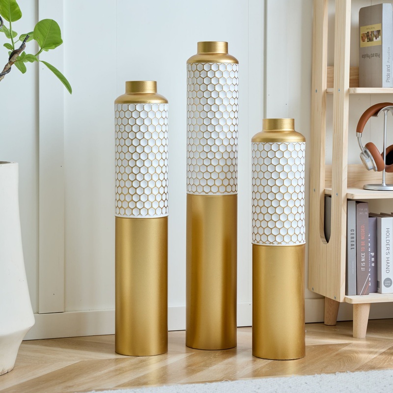 Modern Droplet Shaped Floor Vase Set Honeycomb Design, 3 Piece Metal Decorative Vases For Home Interior Display – Gold / White