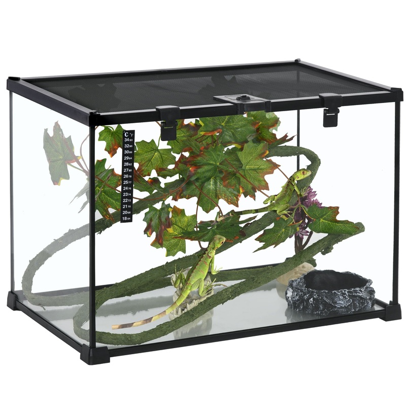 Pawhut – 14 Gallon Reptile Glass Terrarium Tank With Decor Kit Breeding Box Full View With Visually Appealing Sliding Screen Top For Lizards Frogs Snakes Spiders – Black