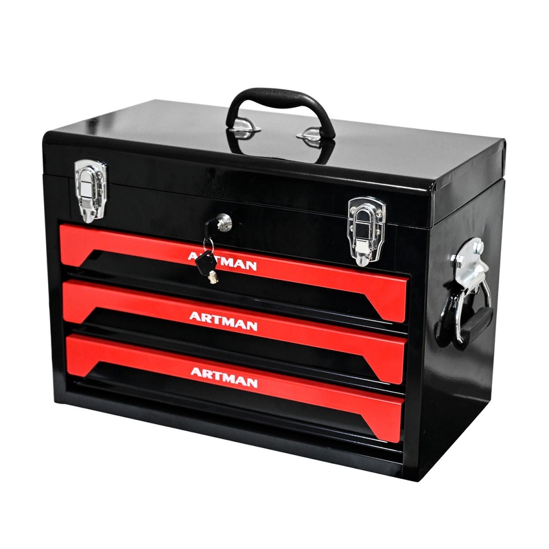 Portable 20 Steel Tool Box With 3 Drawers And Metal Latch Closure – Black / Red