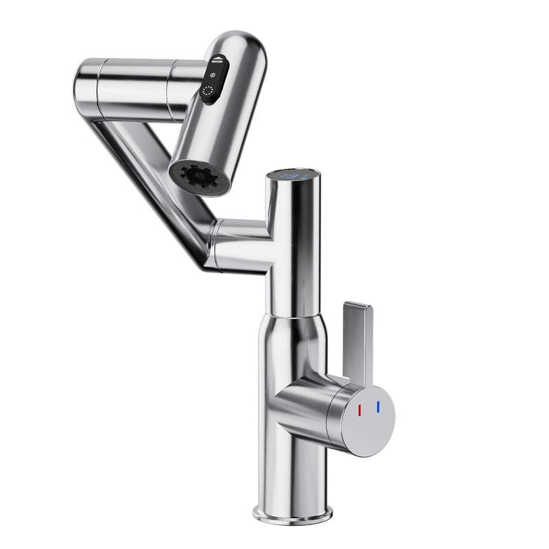 Bathroom Sink Faucet With Spray Function And Temperature Display, Anti Skid Switch, 360 Degree Rotary, Brass Material – Chrome