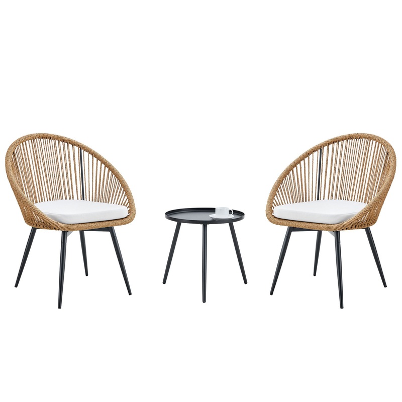 Modern 3 Piece Set, Anti – Spill Round Coffee Table, 2 Rattan Swivel Chairs, Outdoor Patio Furniture For Tea Time – Black / Wood