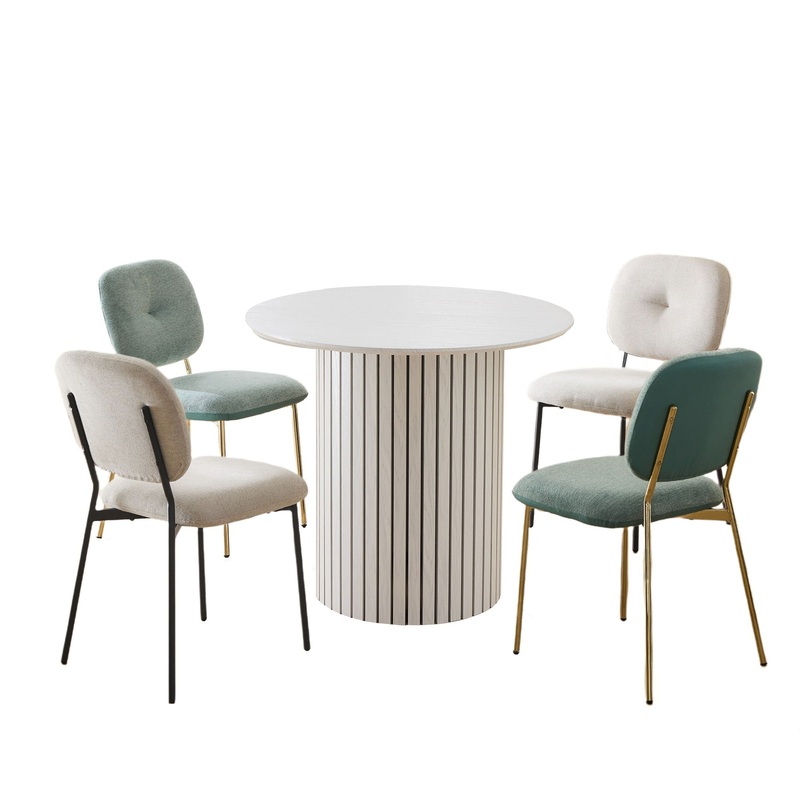 Modern 4 Person Dining Set With Bamboo & Table And Turquoise & Chairs Metal Legs, Space Saving Design – White