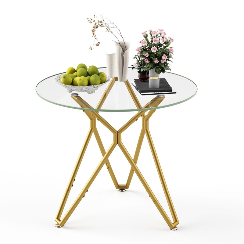 Modern Round Tempered Glass Dining Table With Sturdy Metal Legs For 1 – 4 People – Gold