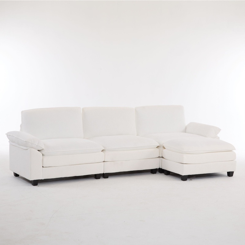 Modular L Shaped Corduroy Sectional Sofa With Removable Ottoman, Upholstered Sofa With Supportive Foam For Living Room – Beige