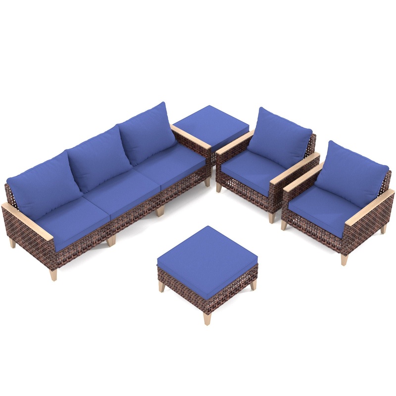 7 Pieces Patio, Wicker Dining Set With Removable Cushions Cotton And Rattan – Blue