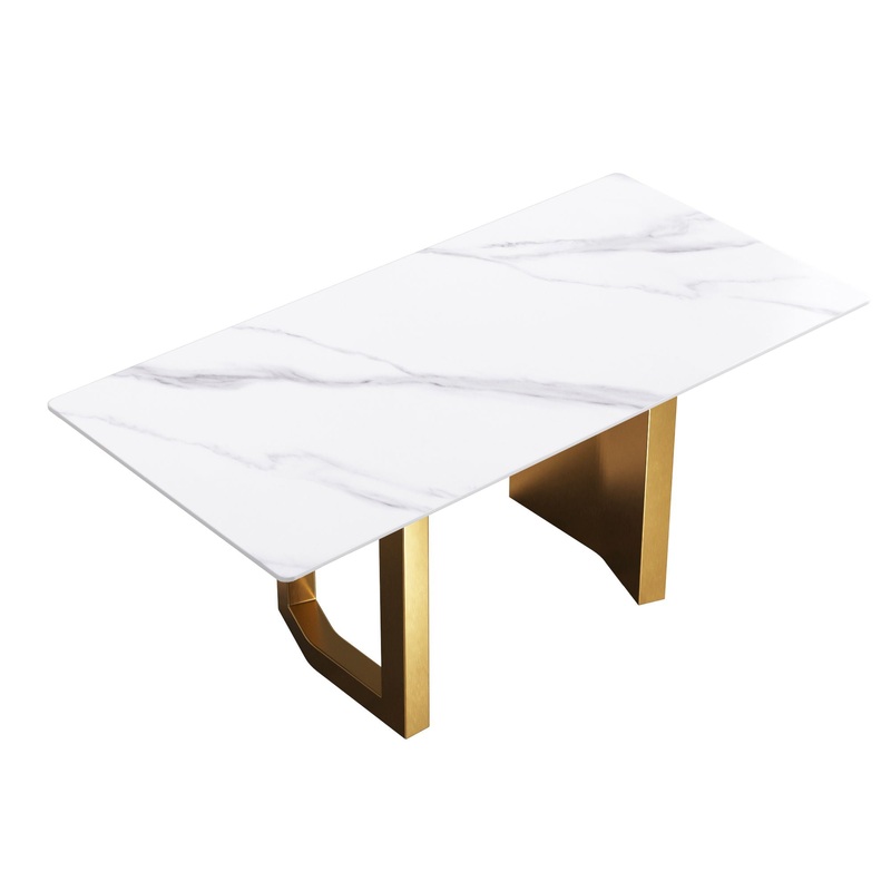 70.87 Modern Artificial Stone Straight Edge Golden Metal Leg Dining Table, Can Accommodate 6-8 People – White / Gold