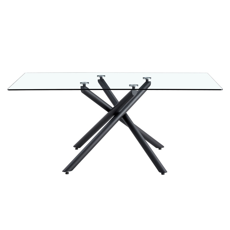 Minimalist Rectangular Glass Dining Table For 6 – 8 With Tempered Glass Top And Metal Legs – Black / Transparent