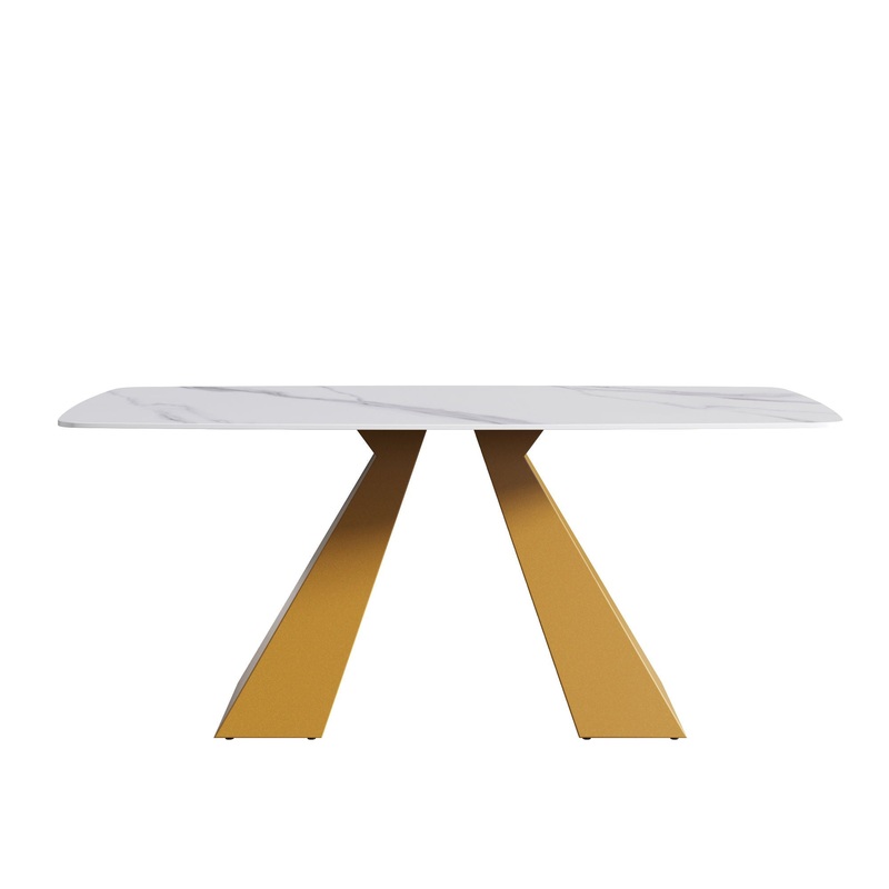 Modern Artificial Stone Curved Metal Leg Dining Table, Can Accommodate 6-8 People – White / Gold