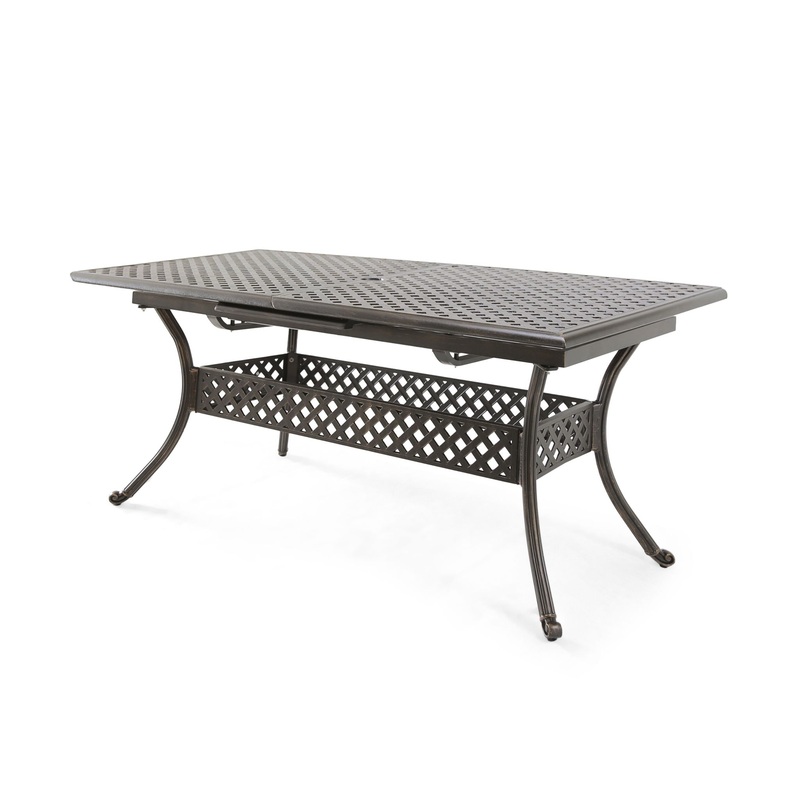 Outdoor Expandable Dining Table With Umbrella Holder, Lattice Pattern And Curved Legs – Black