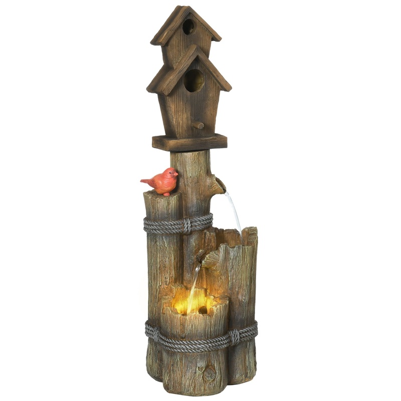 Outsunny – Outdoor Fountain With Birdhouse, Cascading Garden Waterfall Bird Bath With 3 Tier Rustic Tree Trunk / Log Design, LED Lights For Porch, Deck, Yard Decor – Brown