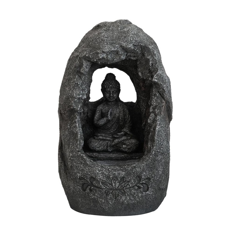 Decorative Tabletop Water Fountain With Sitting Buddha And LED Light, For Indoor Outdoor – Gray
