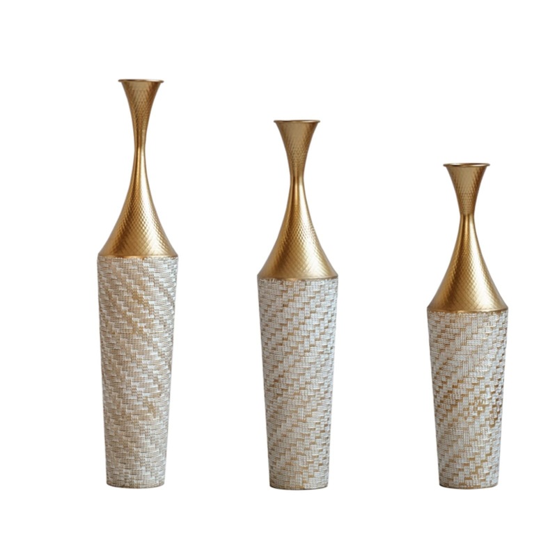 Floor Metal Vase Modern Style Decoration Home Woven Pattern Metal Vase 3 Piece Set Gorgeous Home Decoration Large Glazed Metal Vase – Champagne