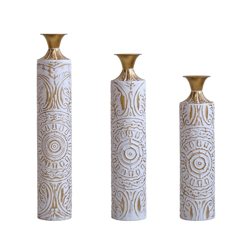 Floor Metal Vases Decorated Metal Vases (Set of 3) Gorgeous Home Decoration Large Glazed Metal Vases – White / Gold