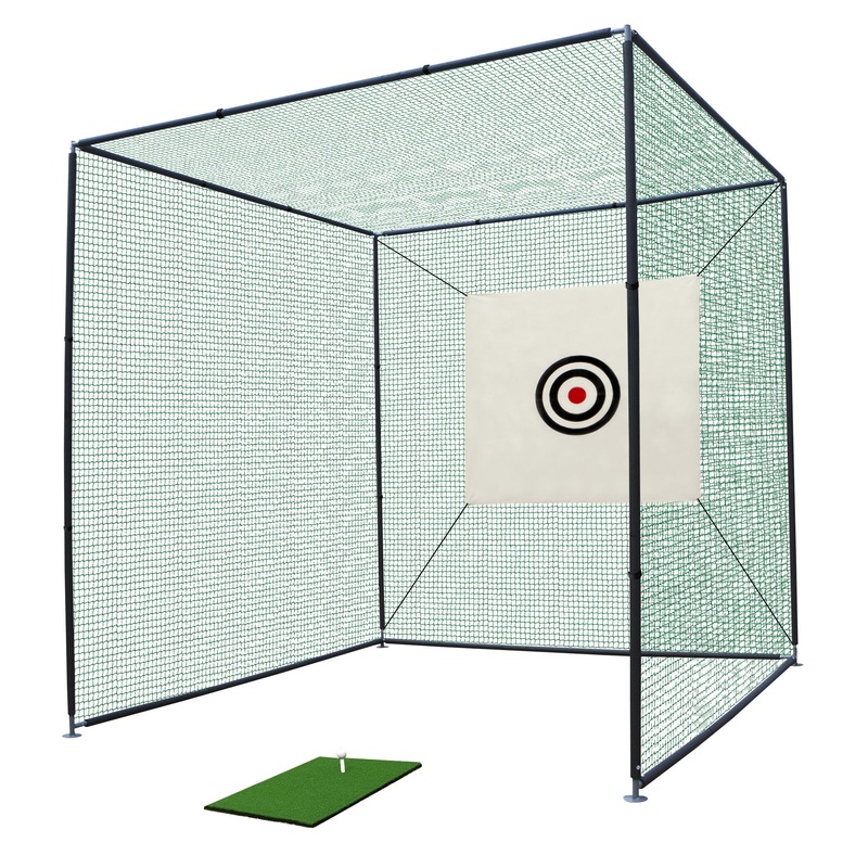 Golf Practice Net Cage With Metal Frame Hitting Net Kit Indoor Outdoor – Black