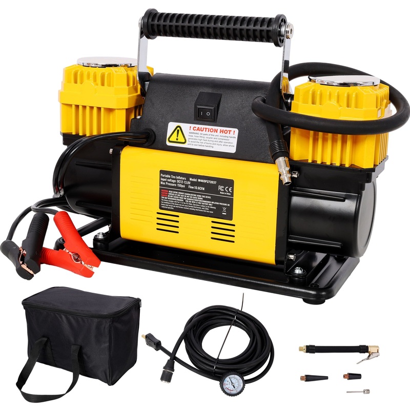 Heavy Duty 12V Dual Cylinder Air Compressor, Tire Inflator With Gauge – Yellow / Black