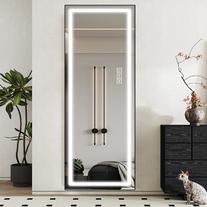 Led Mirror Full Length Mirror With Lights Wide Standing Tall Full Size Mirror For Bedroom Giant Full Body Mirror Large Floor Mirror With Lights Stand Up Dressing Big Lighted Mirror – Black