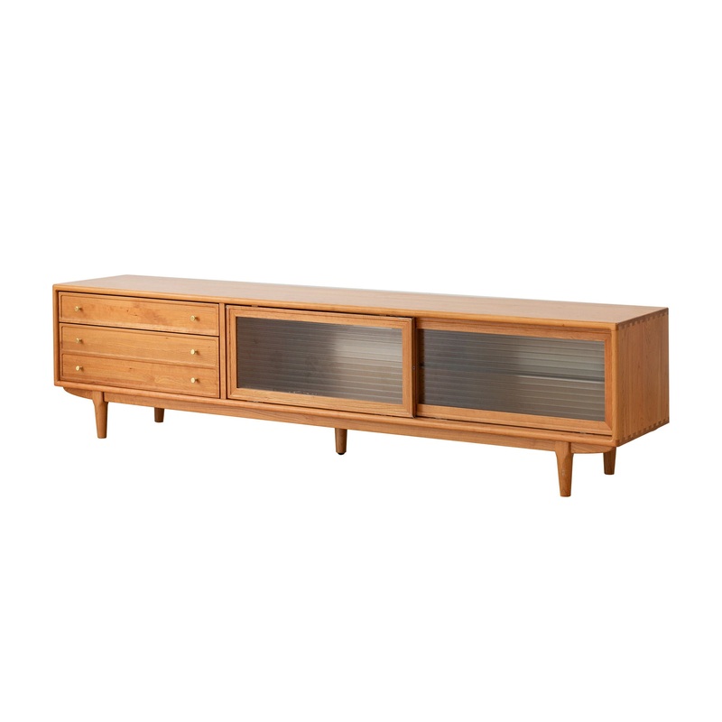 TV Cabinet With Chinese Changhong Glass Doors, Two Drawer Storage Space TV Standing – Cherry