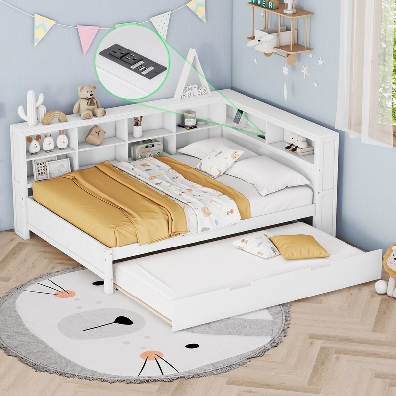 Wooden Full Size Daybed With Twin Size Trundle, Daybed With Storage Shelf And USB Charging Ports – White